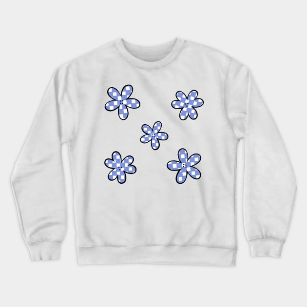 Abstract Checkerboard Flowers - Periwinkle Blue with black outline Crewneck Sweatshirt by JuneNostalgia